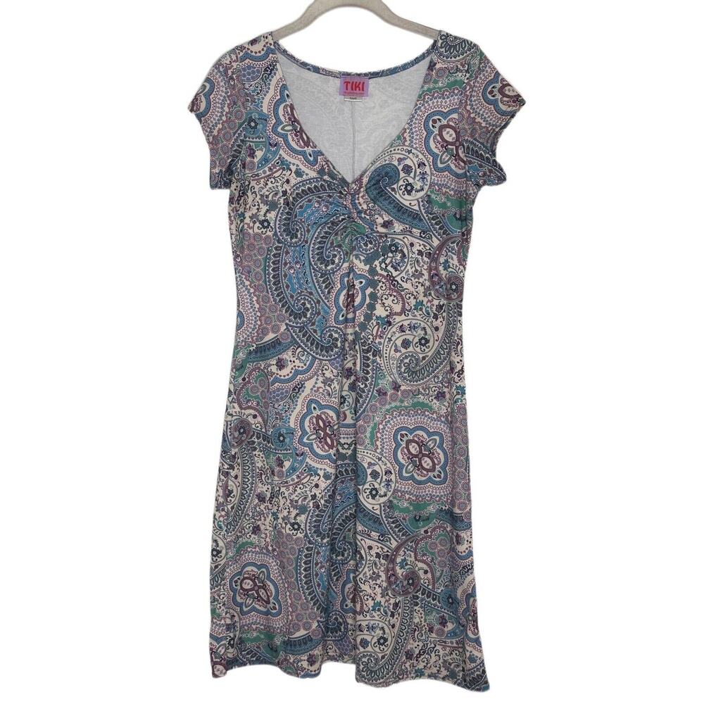 Tiki Brooklyn New York Y2k Blue Paisley V Neck Short Sleeve Dress Sz Small